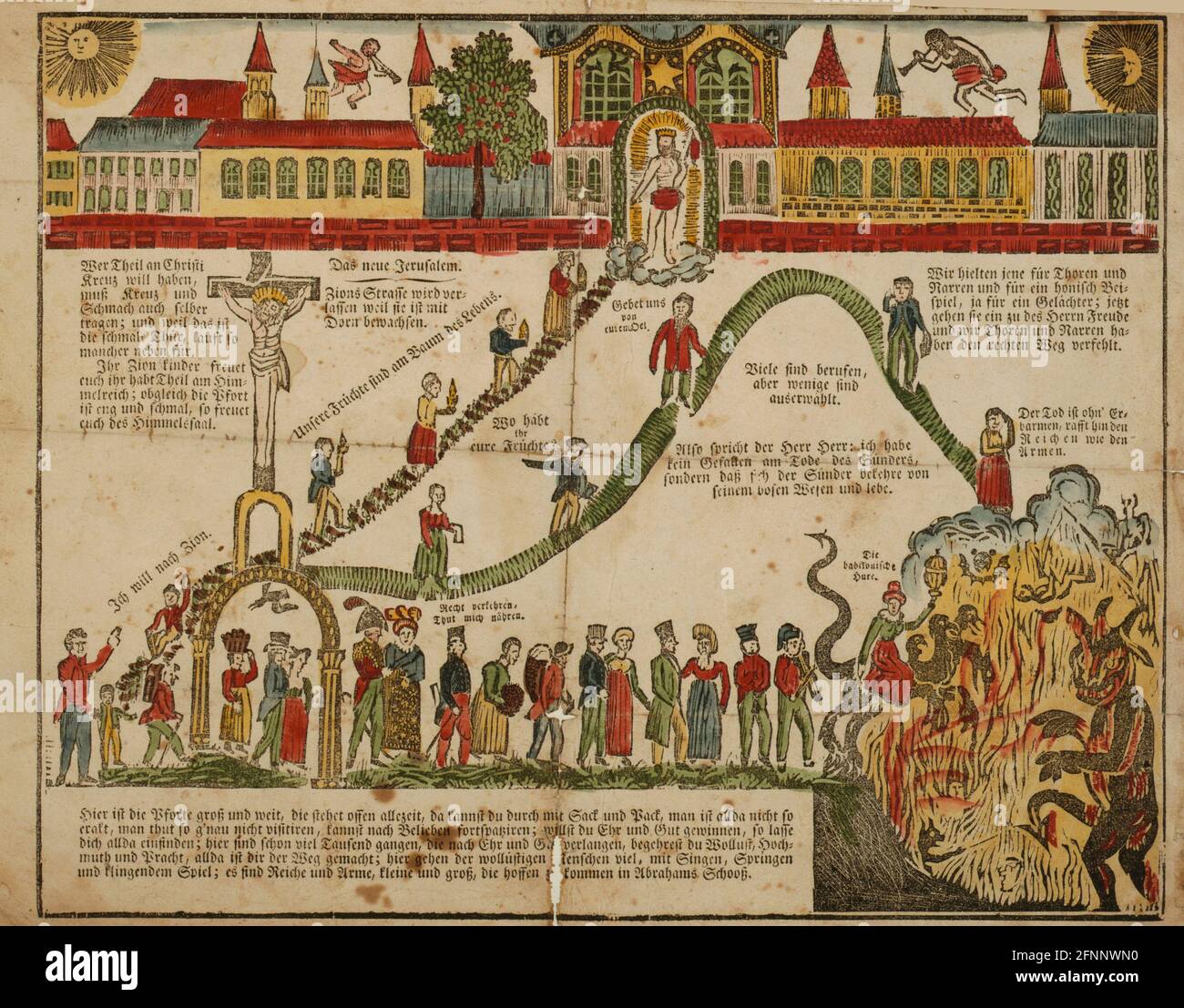 Das neue Jerusalem - Anonymous fraktur depicting the paths of good and evil - 1800s Stock Photo