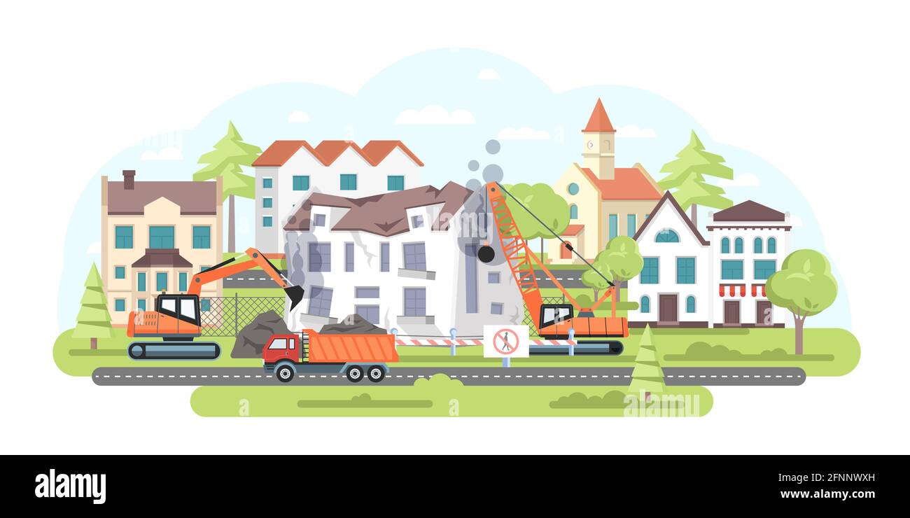 Breaking a house - modern flat design style illustration. Demolition of a home in the housing complex. Images of special vehicles, crane with a wrecki Stock Vector