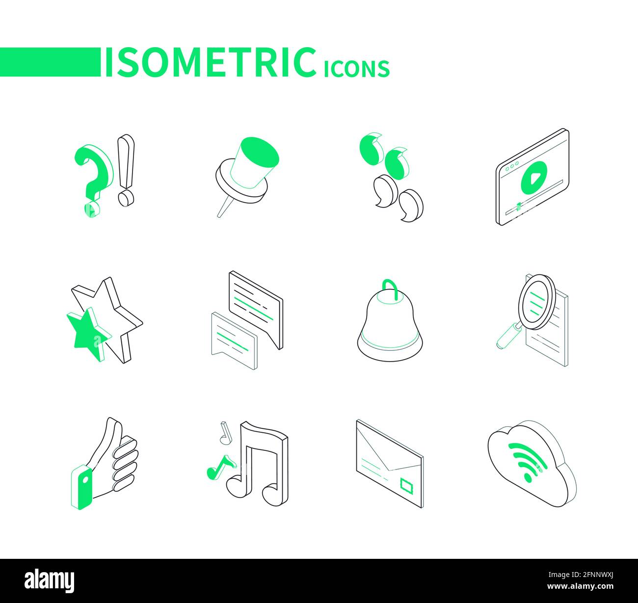 Social media symbols - modern line isometric icons. Marketing and networking idea. Question and exclamation marks, pin, quotes, stars, chat, bell, sea Stock Vector