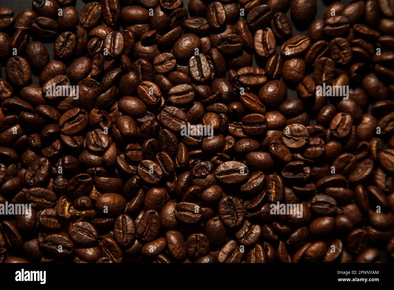 Scattered roasted coffee beans back lighted on black background Stock ...