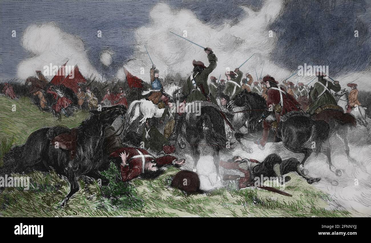 Battle of Fehrbellin, 1678. Between Swedish and Brandenburg-Prussian troops. Germania, 1882. Engraving. Stock Photo