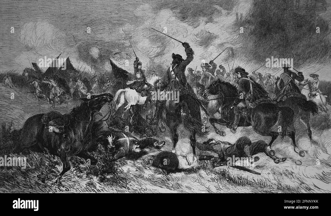 Battle of Fehrbellin, 1678. Between Swedish and Brandenburg-Prussian troops. Germania, 1882. Engraving. Stock Photo