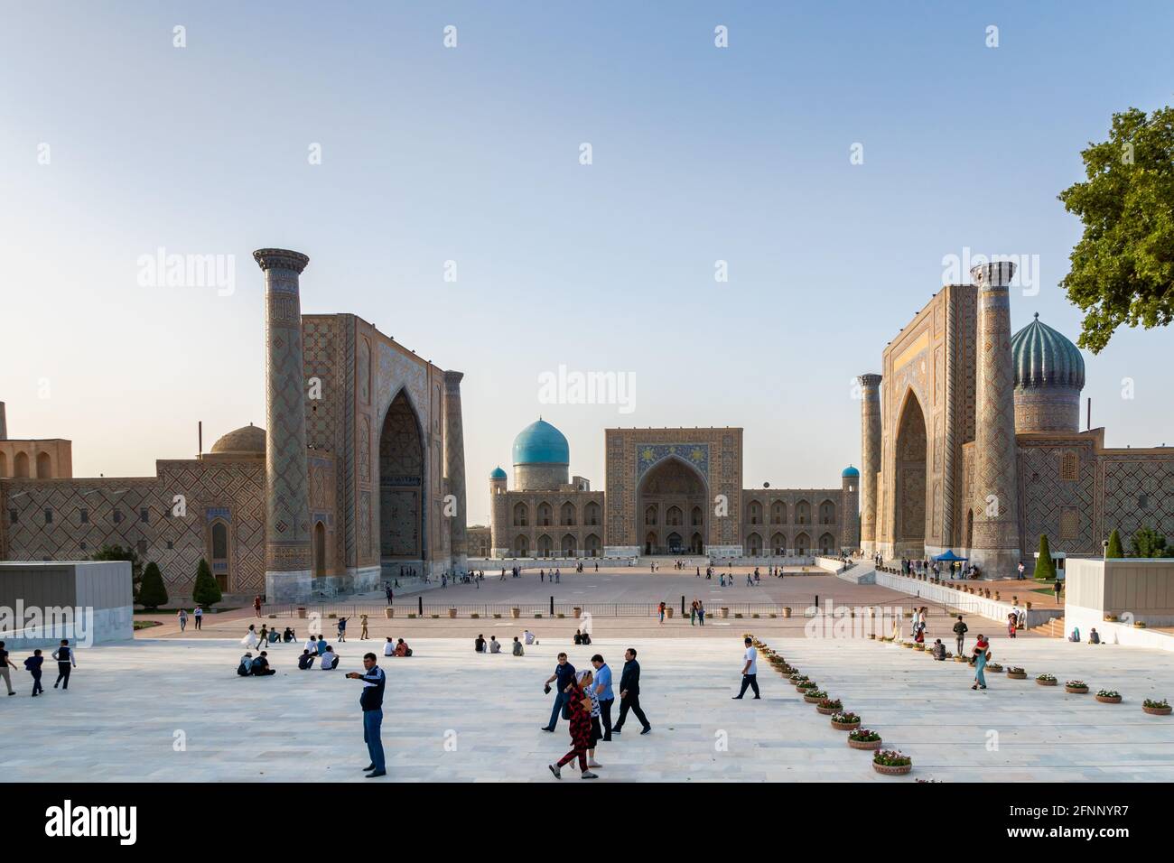 The Registan square architecture in Samarkand, Uzbekistan. Registan is famous for its beautiful architecture and colorful mosaic decoration. Stock Photo