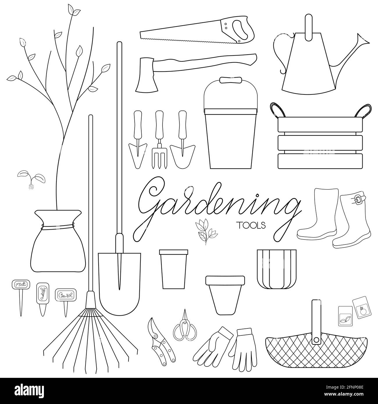 Gardening tools set outline simple minimalistic flat design vector illustration isolated on white background Stock Vector