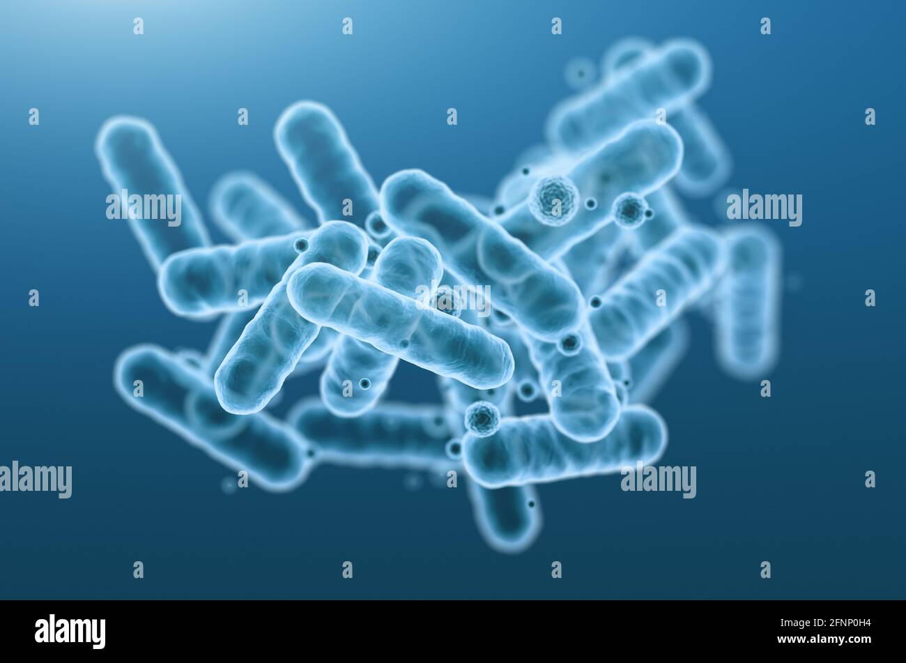 Close-up of 3d rendering microscopic blue bacteria. Stock Photo