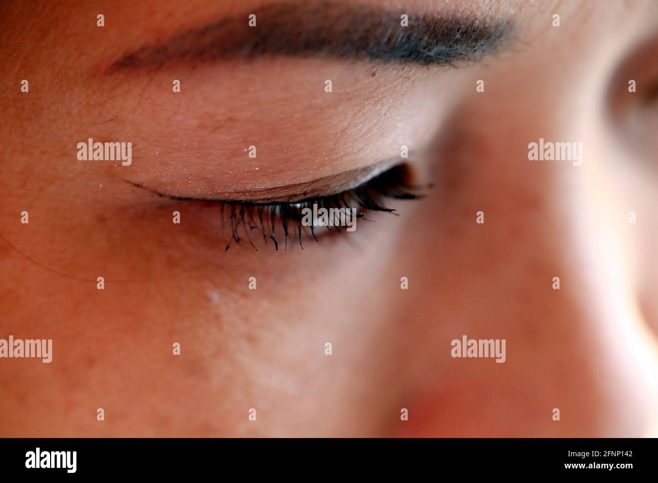 Close-up on a brown eye with mascara and natural skin look. France. Stock Photo