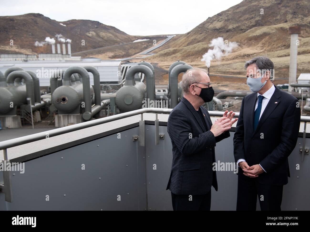 U.S. Secretary of State Antony Blinken speaks with CEO of Reykjavik Energy Bjarni Bjarnason during a tour to the Hellisheidi Geothermal Plant, in Hengill, Iceland May 18, 2021. Saul Loeb/Pool via REUTERS Stock Photo