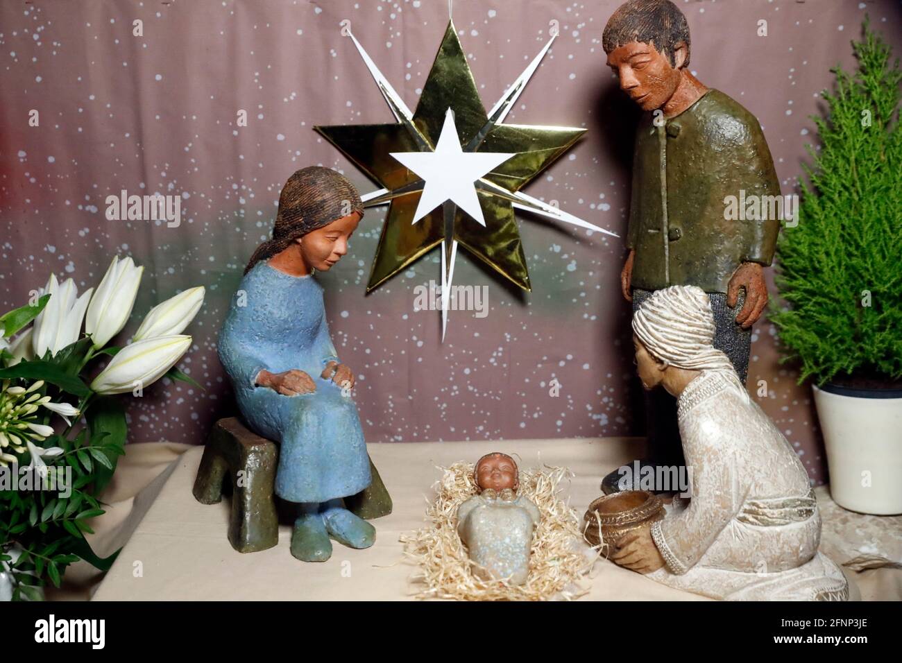 Nativity scene. Christmas crib. Holy family with baby Jesus. Catholic