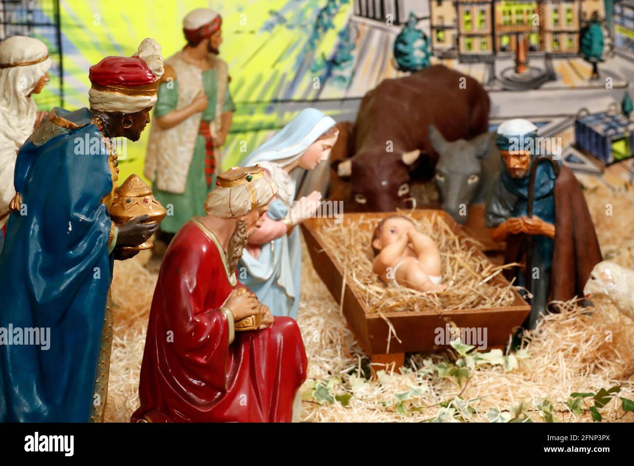 Nativity scene. Christmas crib. The adoration of thee three Magi (named