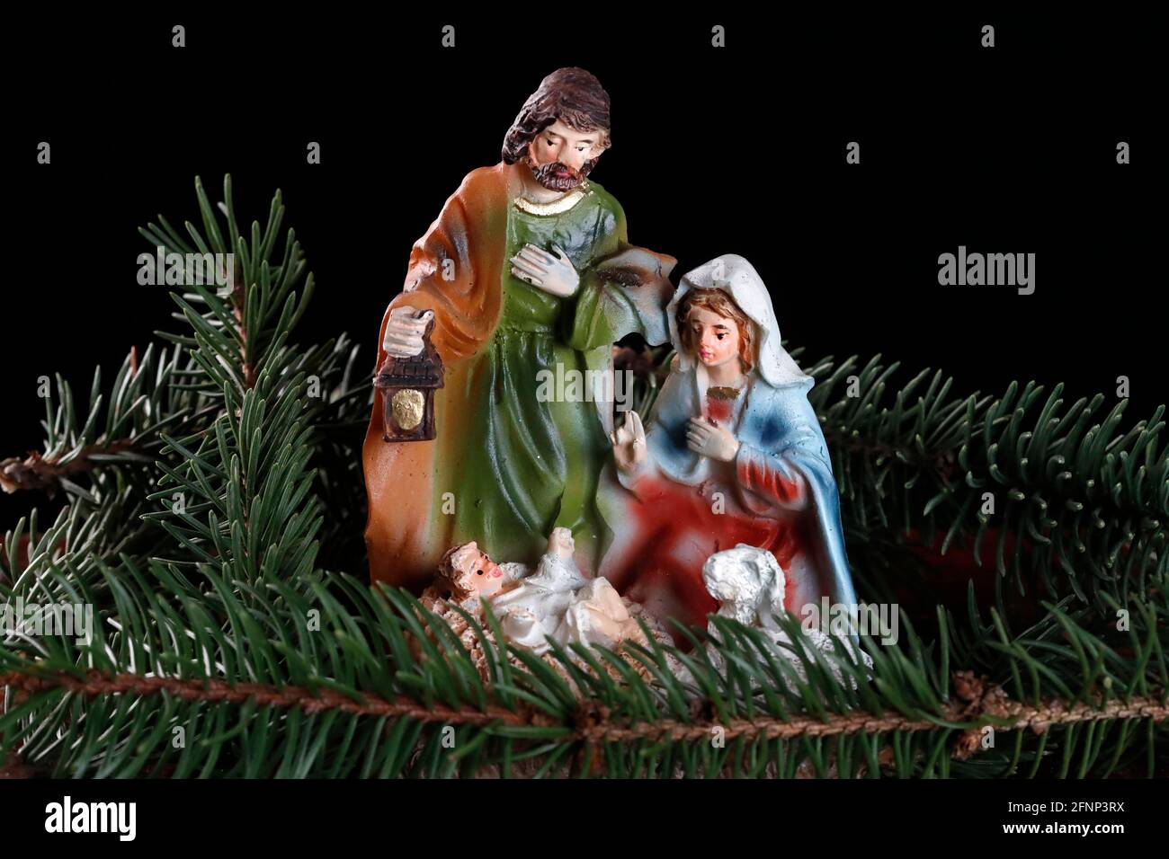 Nativity scene. Christmas crib. Holy family with baby Jesus. Catholic