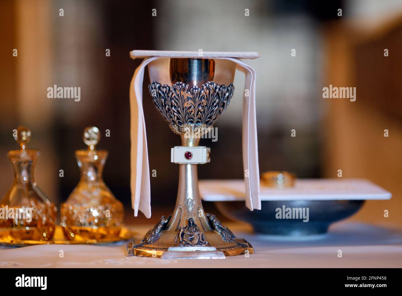 Catholic church. Eucharist celebration. Chalice and cruets. Annecy