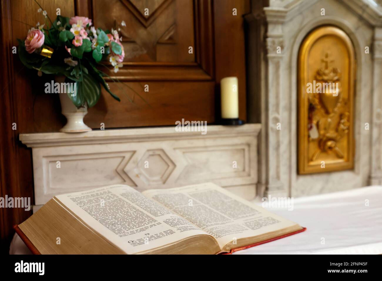 Catholic church. Open bible on altar. Annecy. France Stock Photo Alamy