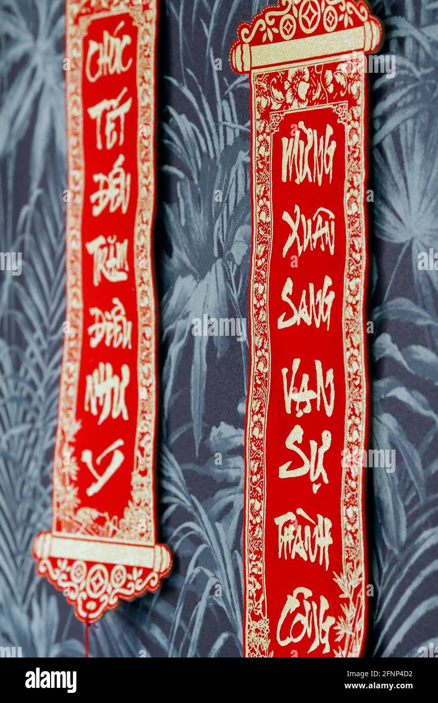 Red and gold banners with the Vietnamese message to celebrate the Chinese lunar new year. France. Stock Photo