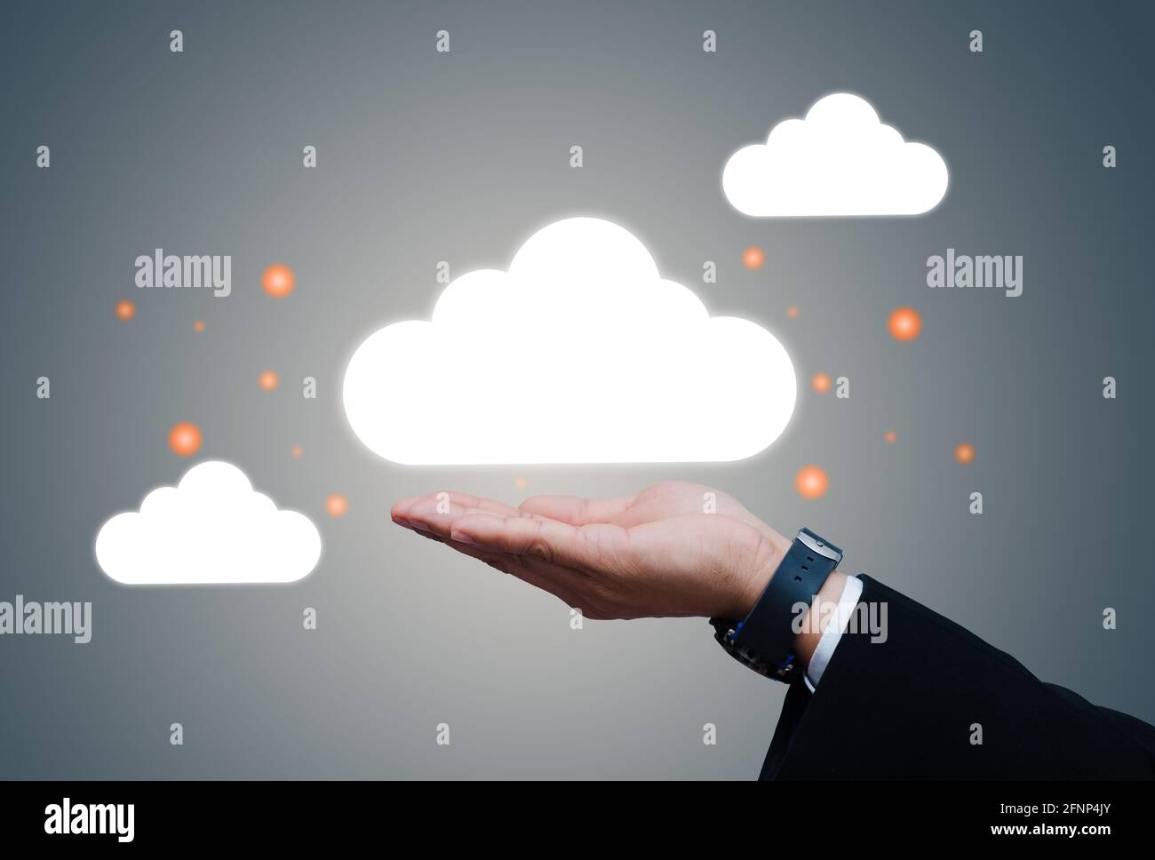 business man holding icon cloud computing network and icon connection Stock Photo