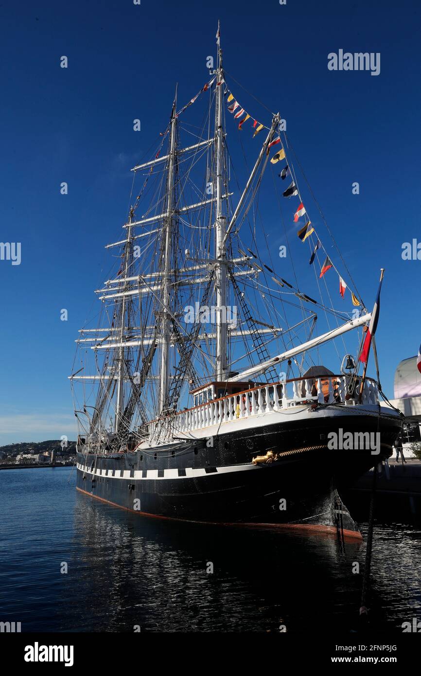 Belem is a three-masted barque from France moored at Cannes.  France. Stock Photo