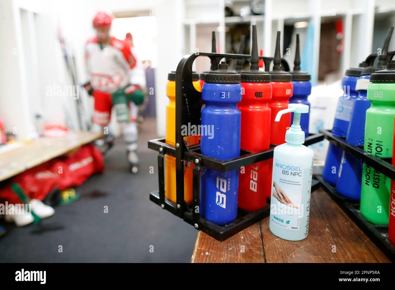 Ice Hockey. Locker room. Covid 19 pandemic. Hand sanitizer.  France. Stock Photo