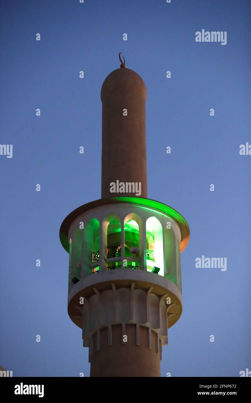 Ali Ibn Abi Talib Mosque. The minaret at night.  Dubai. United Arab Emirates Stock Photo