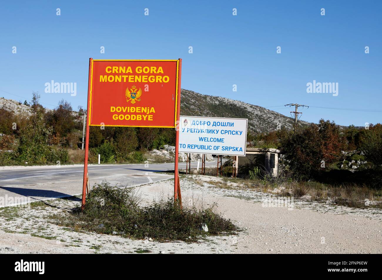 Montenegro-Serb republic border signs Stock Photo