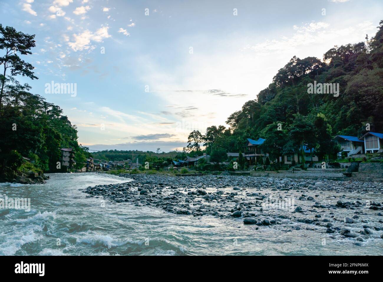 Bukit Lawang village and river view in Sumatra, Indonesia. Bukit Lawang is a popular tourist destination for its jungle trekking Stock Photo