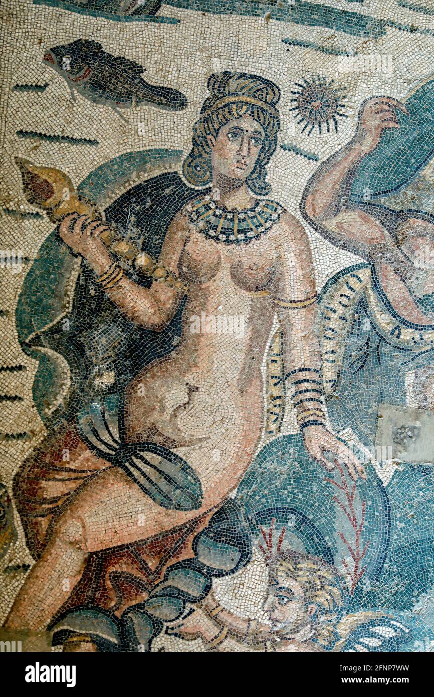 Villa Romana del Casale, Piazza Armerina, Sicily, Italy. Mosaic detail. Stock Photo