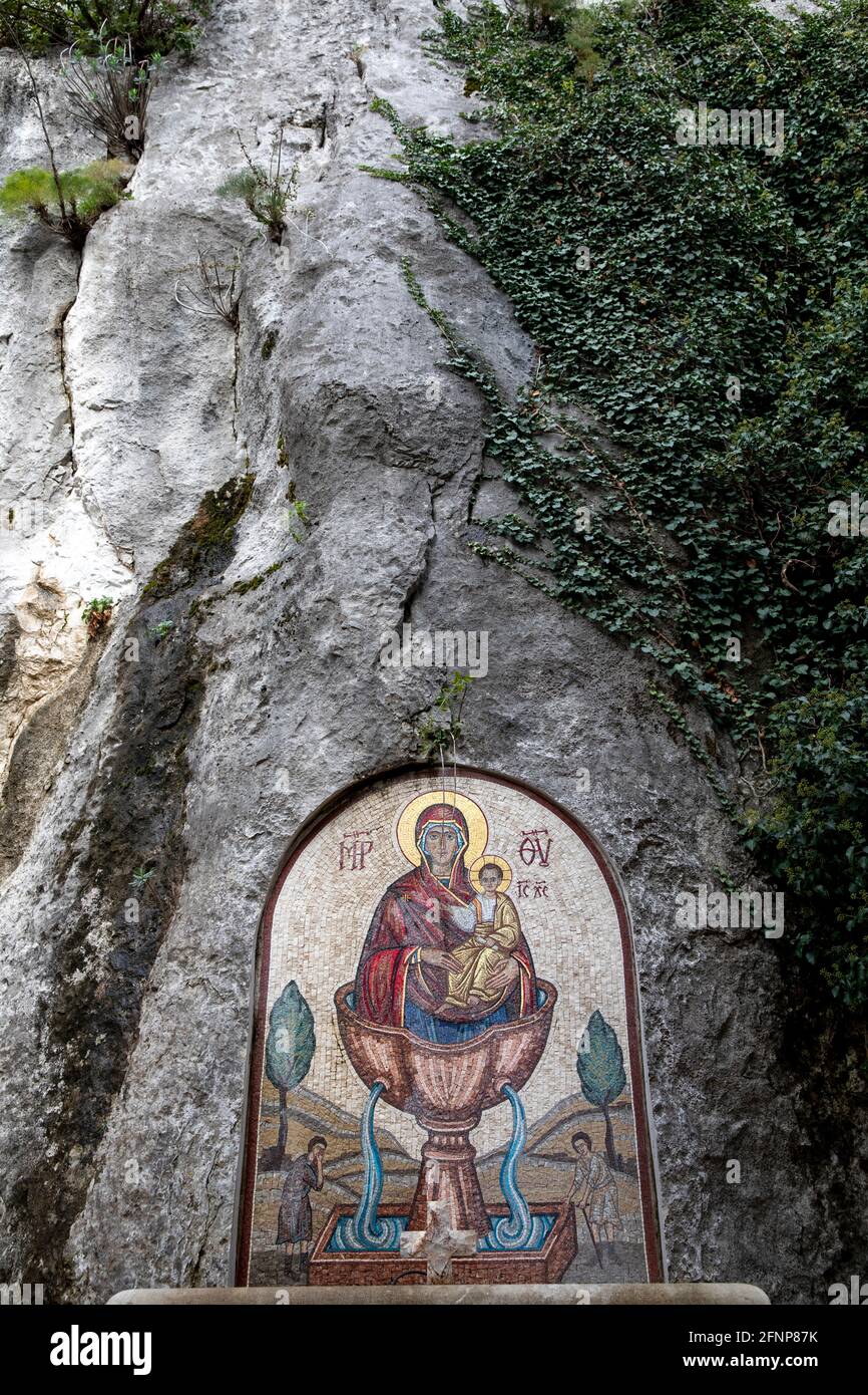 Ostrog orthodox monastery, dedicated to St Basil of ostrog, Montenegro. Fountain mosaic Stock Photo