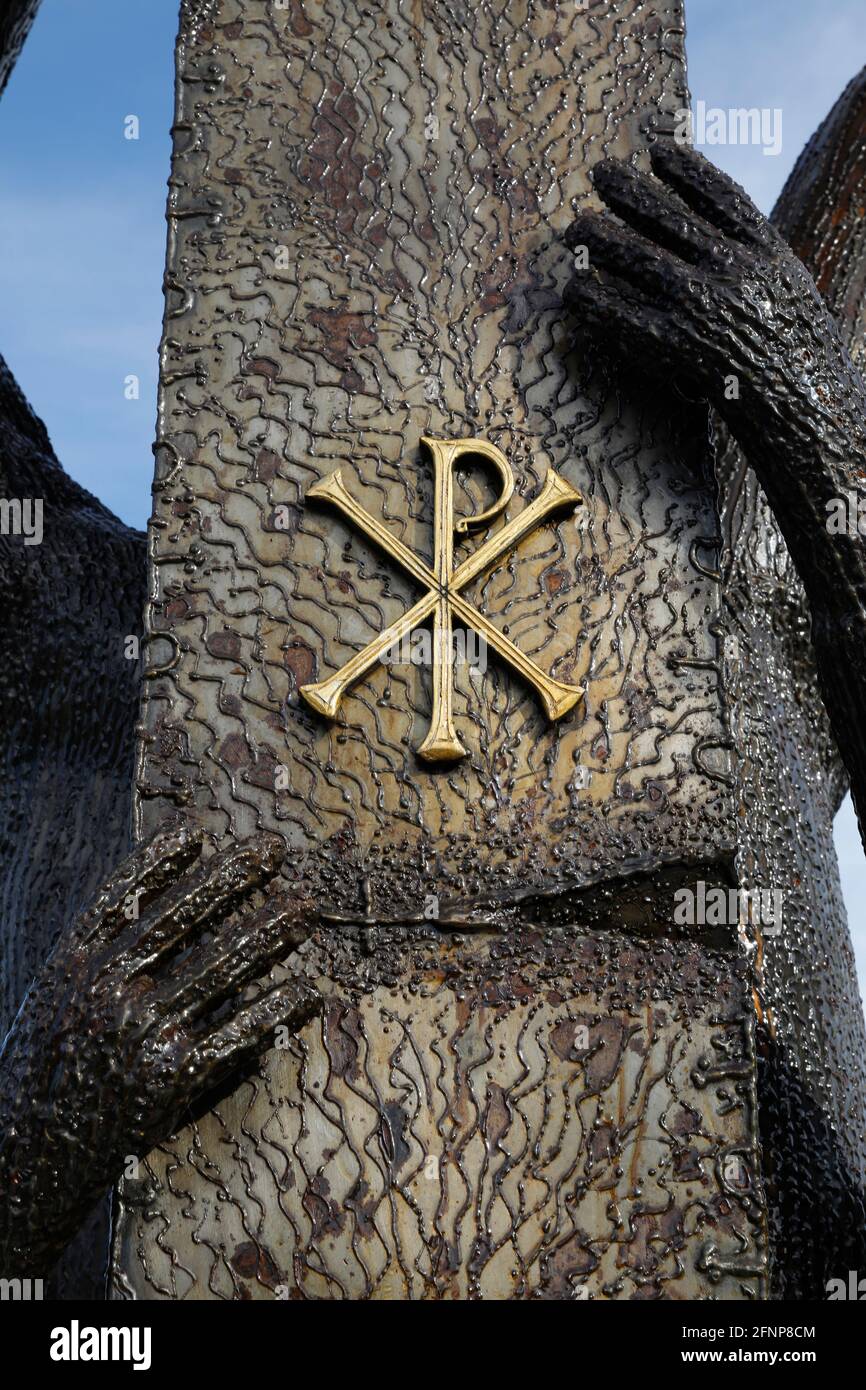 Symbol at the foot of the cross erected outside the Resurrection orthodox cathedral, Podgorica, Montenegro. Stock Photo