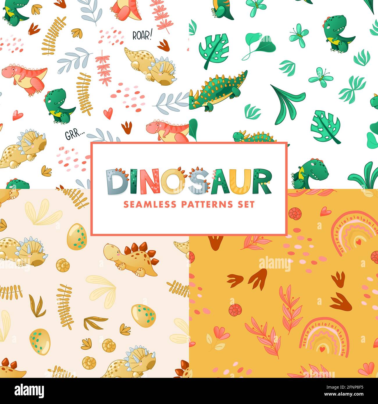 Seamless cute dinosaur pattern. Colorful dino background for kids