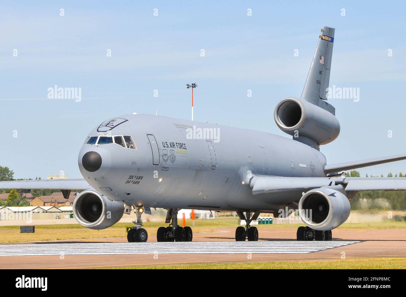 USAF Mobility Command KC-10 Extender air refuelling tanker plane at Royal International Air Tattoo, RIAT, RAF Fairford, UK. 305th AMW, 514th AMW Stock Photo