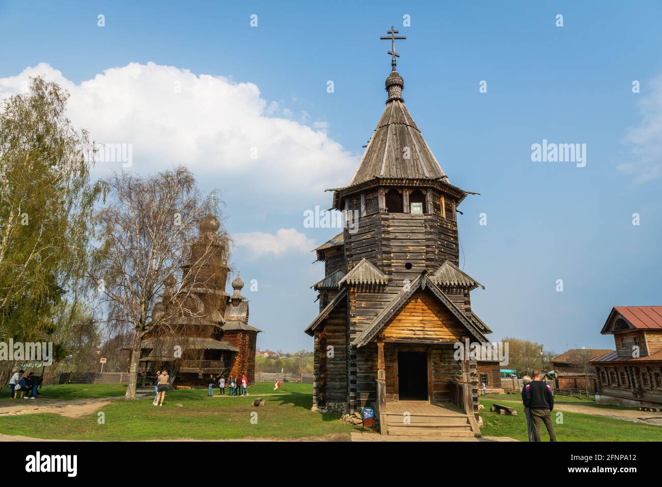 Suzdal, Russia - May 2019: Wooden traditional buildings in the museum of wooden architecture in Suzdal, Russia. Suzdal is a Golden Ring town Stock Photo