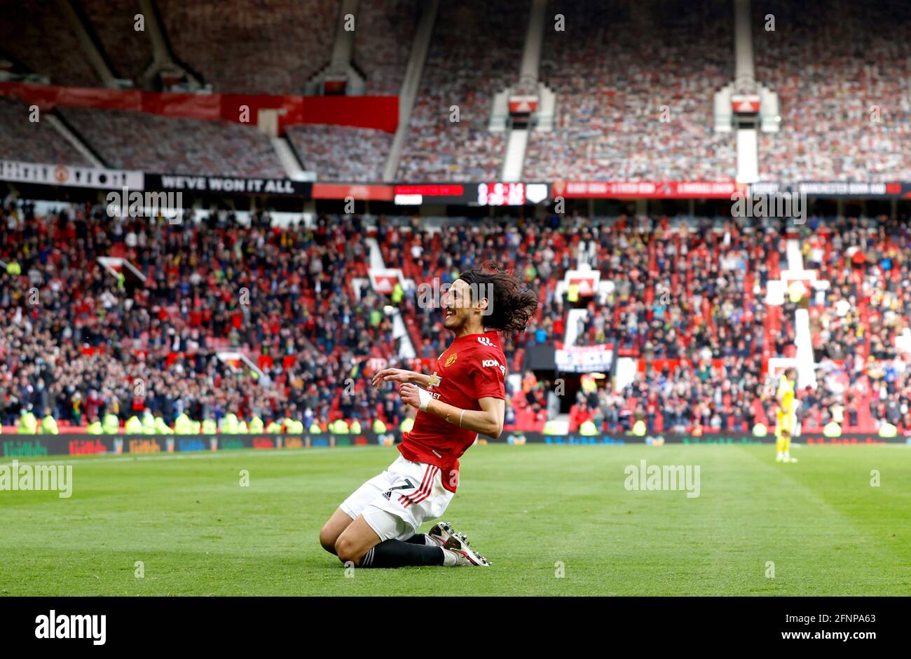 Manchester United's Edinson Cavani celebrates scoring their side's first goal of the game during the Premier League match at Old Trafford, Manchester. Picture date: Tuesday May 18, 2021. Stock Photo