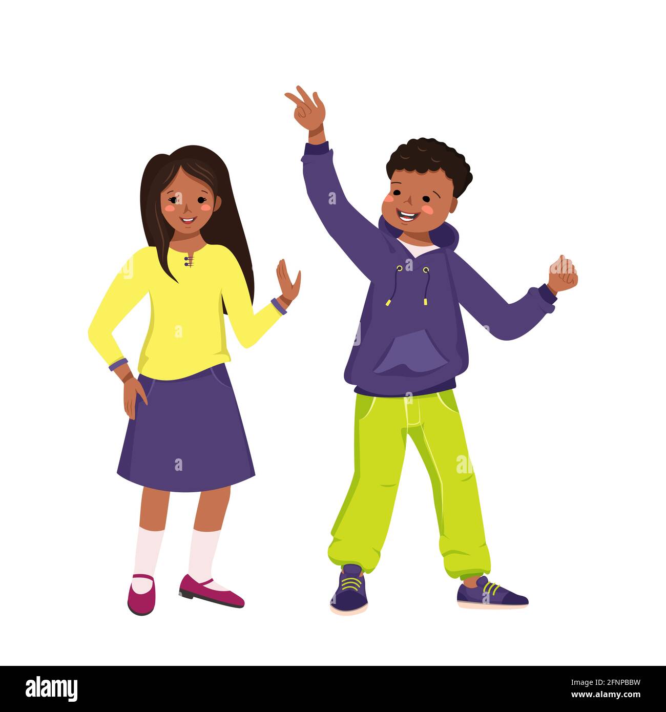Boy in hoodie and jeans and girl in skirt and shirt with dark skin and black hair. Happy smiling African Americans kids dancing. Teenagers in casual Stock Vector