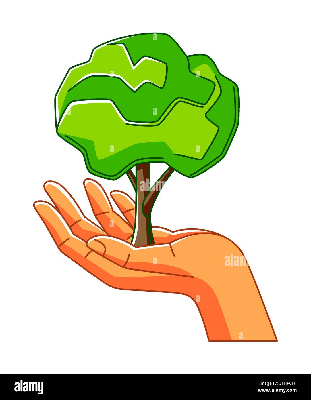 Illustration of hand holding green tree. Ecology concept for environment protection. Stock Vector