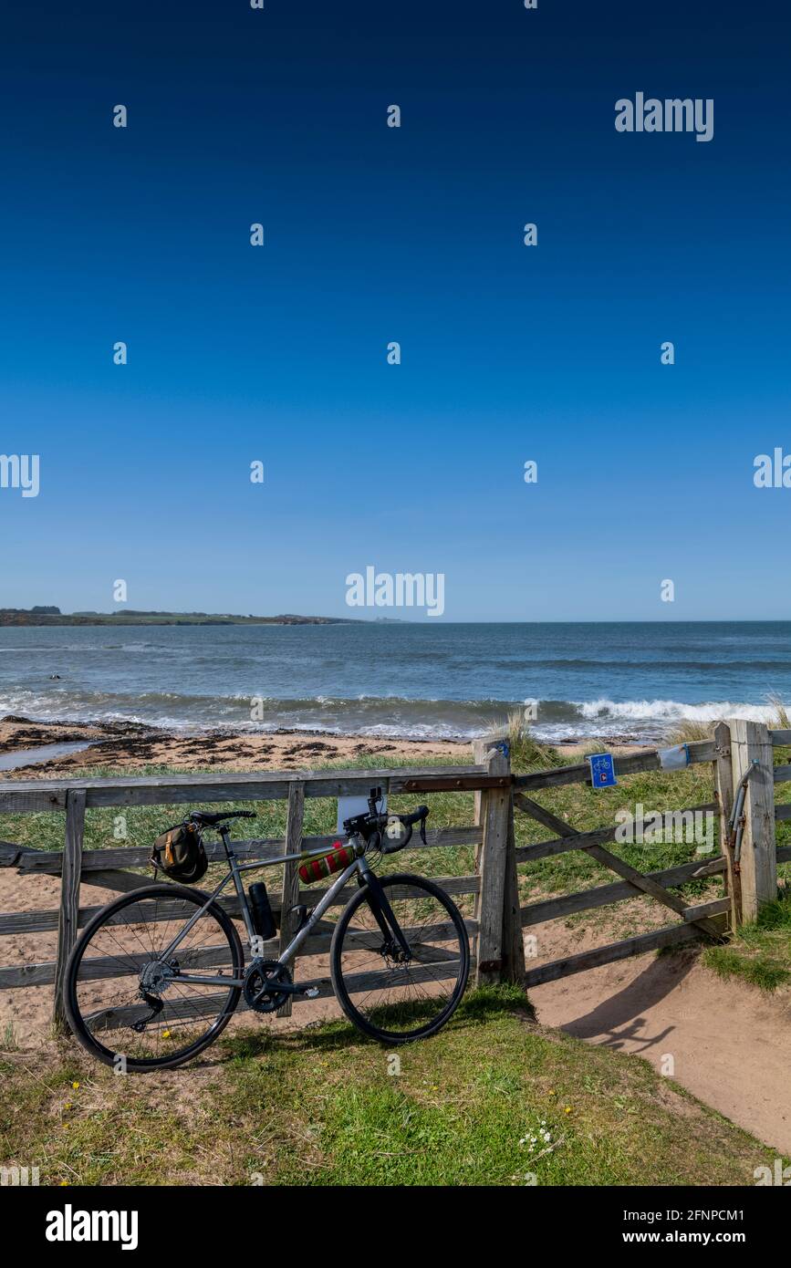 Cycling on Sustrans national cycle network route 1, close to Craster, Northumberland, UK. Stock Photo
