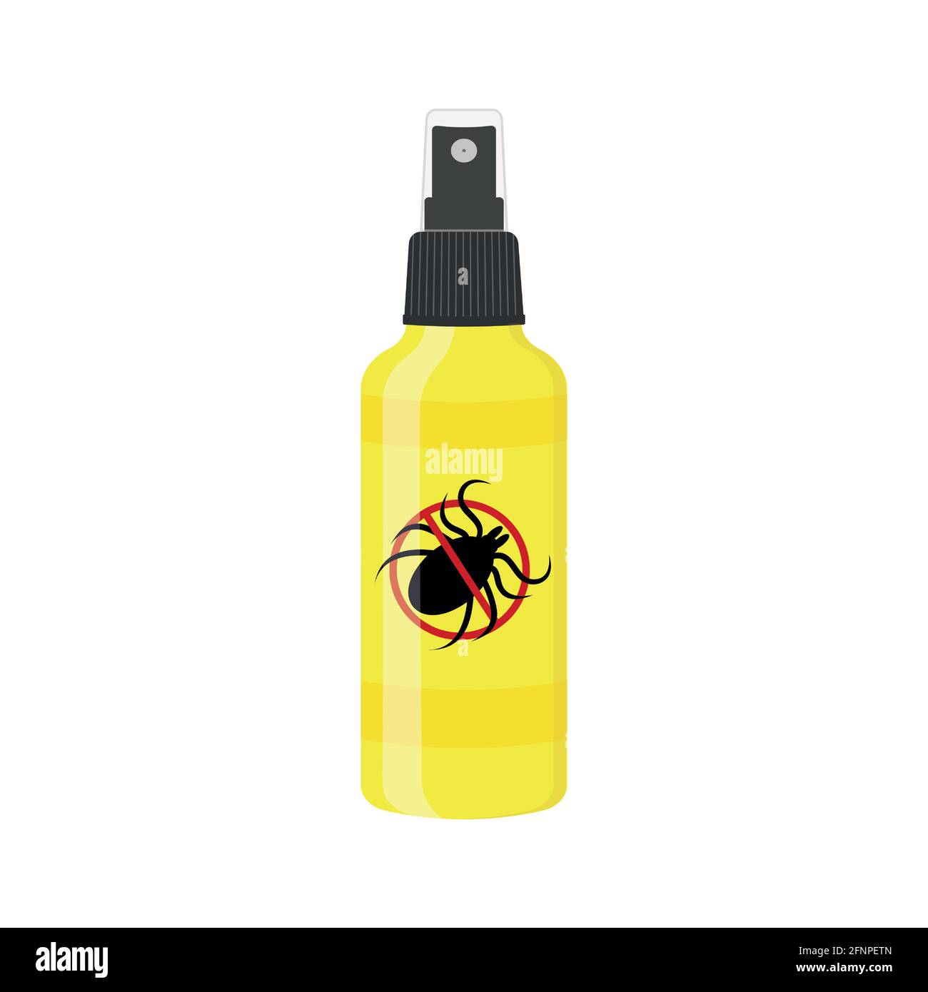Mite spray icon isolated on white background. Repellent insect bottle with forbidden anti tick sign. Lyme disease prevention. Vector cartoon illustration. Stock Vector