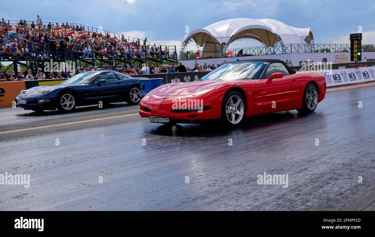 Moscow, Russia. 16th May, 2021. Corvette racing on the track during the event. The annual classic drag races of American retro cars from the Mad Buckets team took place at the RDRC Racepark Bykovo. Credit: SOPA Images Limited/Alamy Live News Stock Photo