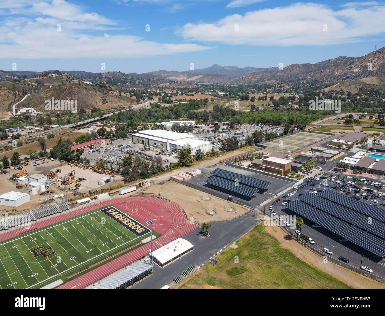 Aerial view of American football field and school, Lakeside, California