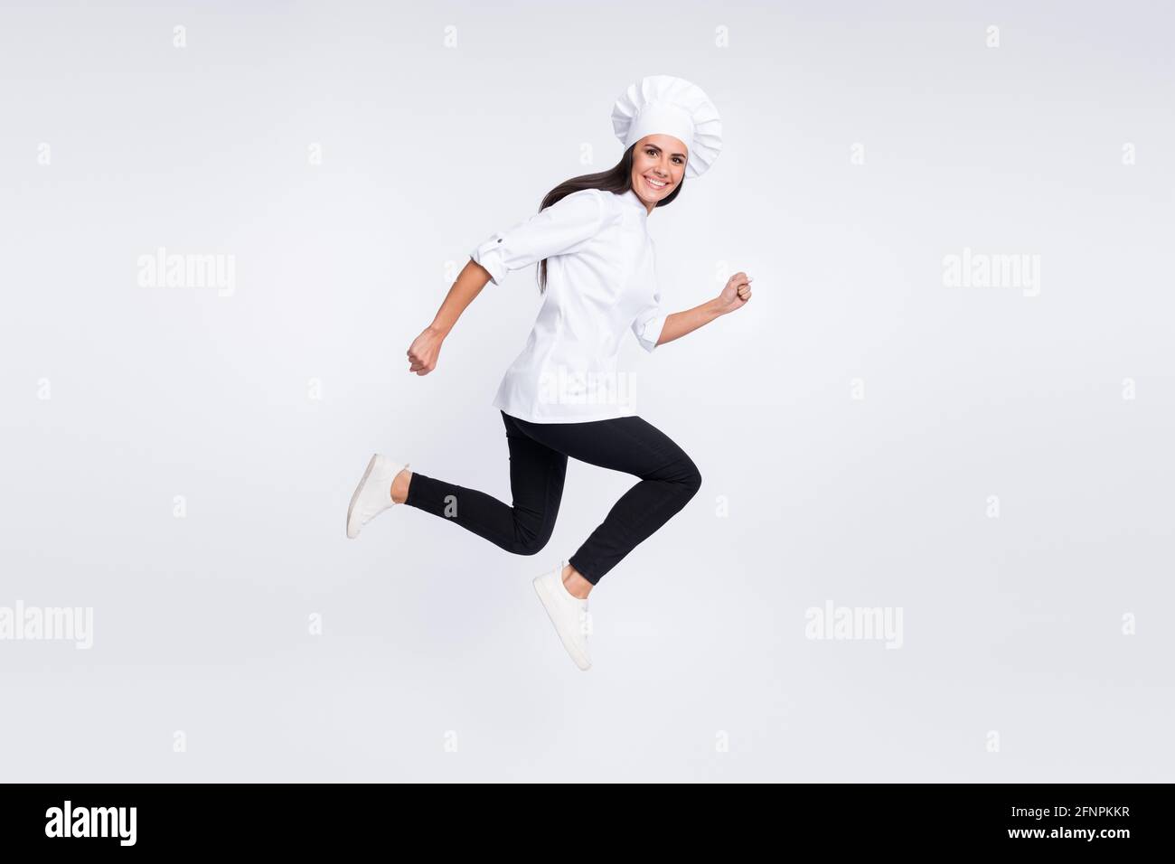 Full size profile side photo of happy smiling charming woman cook ...
