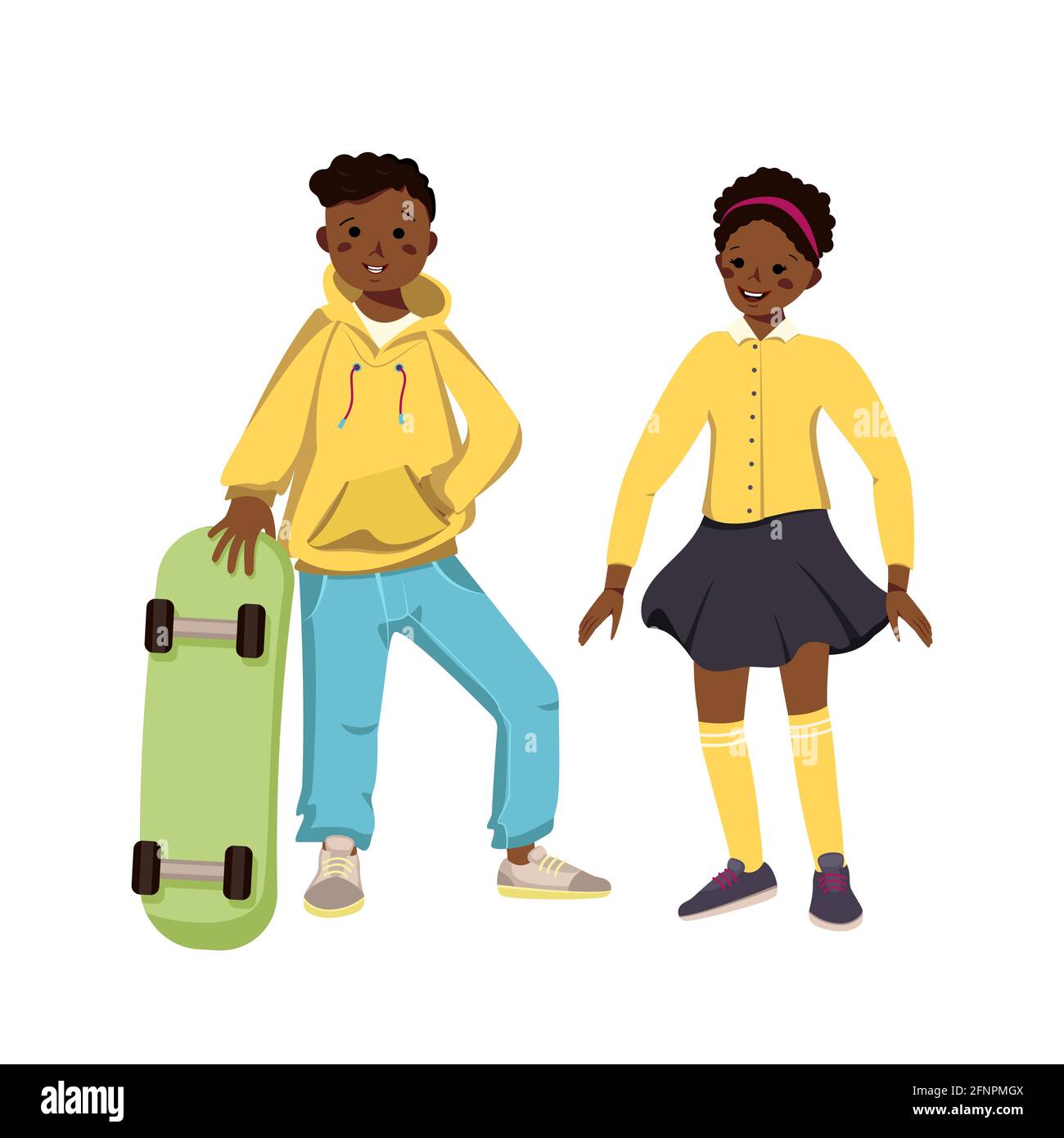 Boy in hoodie and jeans and girl in skirt and shirt with dark skin and black hair. Happy smiling African Americans kids and skateboard. Teenager in Stock Vector