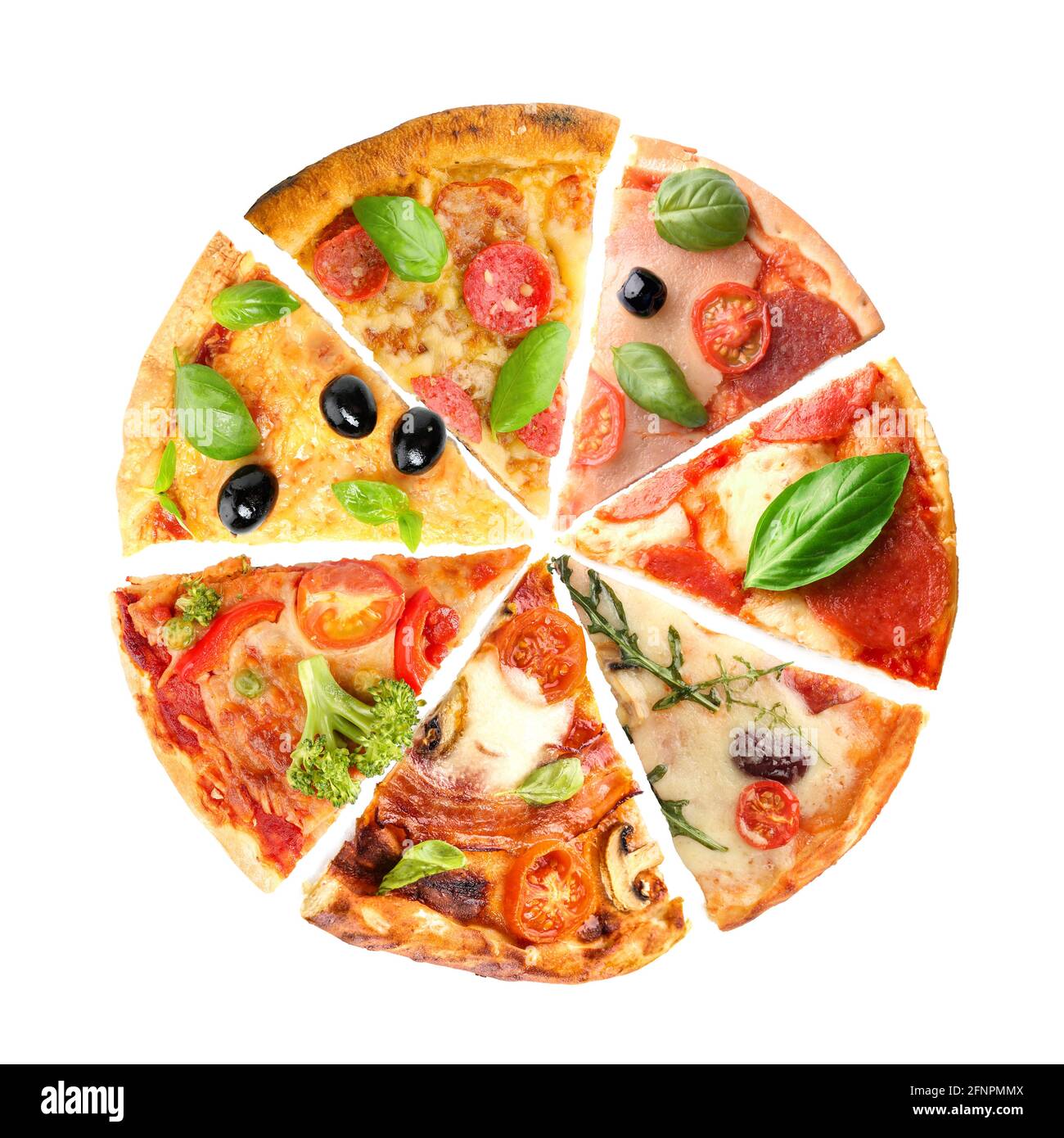 Many slices of different pizza on white background Stock Photo - Alamy