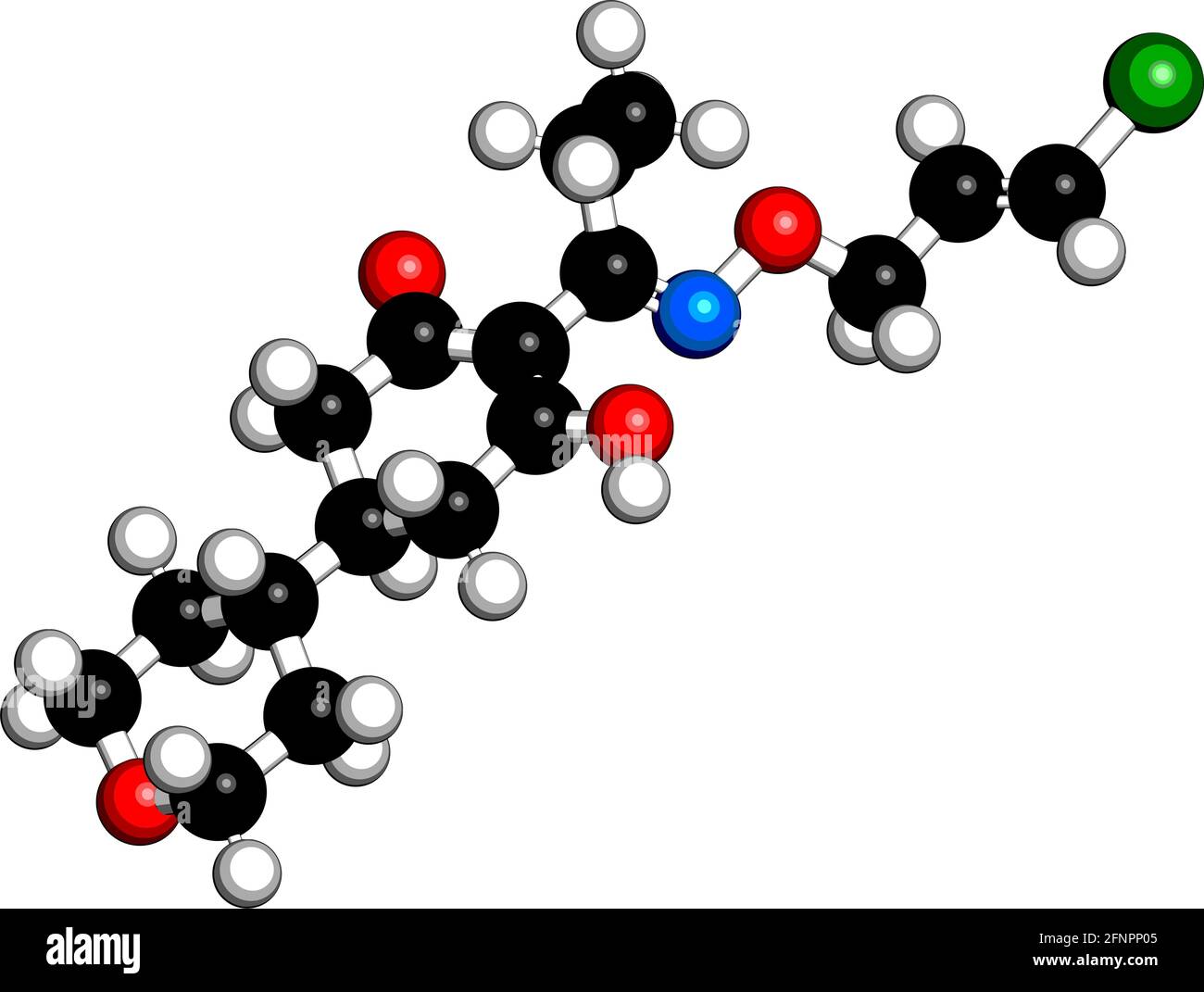 Tepraloxydim herbicide molecule. 3D rendering. Atoms are represented as spheres with conventional color coding: hydrogen (white), carbon (black), nitr Stock Vector