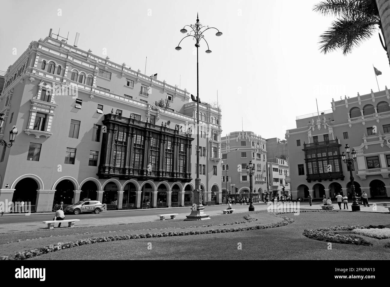 Impressive Colonial Buildings on the Plaza Mayor Square of Lima, Peru in Monochrome Stock Photo