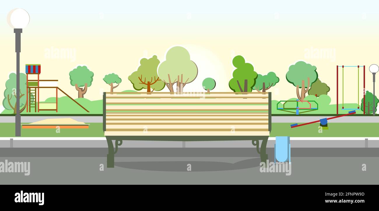 Bench on the background of a playground in the park. Swings, slides and carousels. Flat cartoon style illustration. A place for children to play Stock Vector
