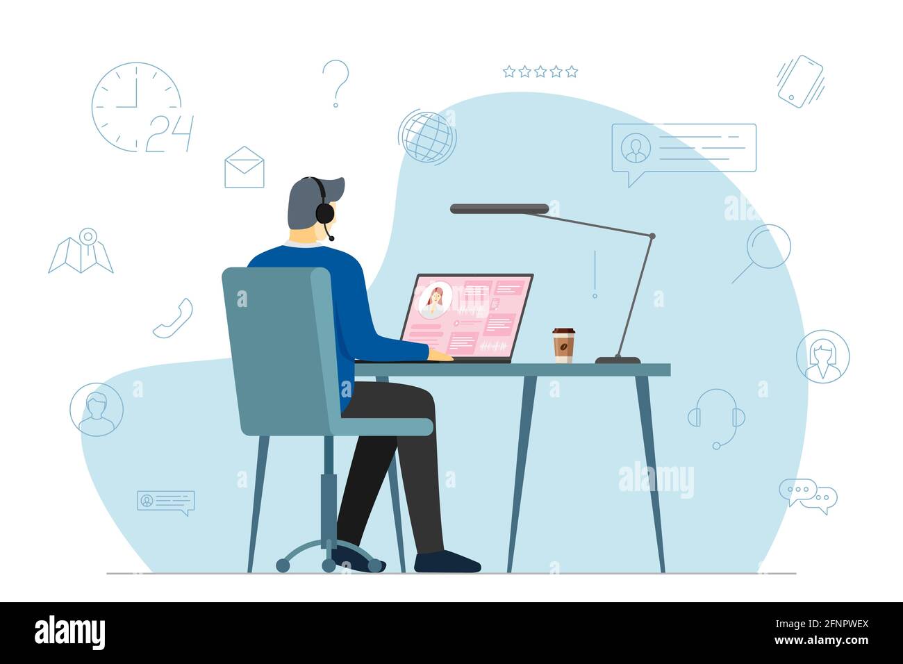 Call center operator man and hotline service icons. Male helpline worker with headset at work. Online customer support department staff, telemarketing, consultation and assistance centre vector eps Stock Vector