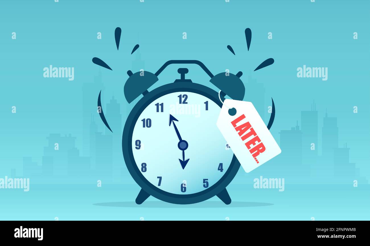 Vector of a ringing alarm clock with a later note written on it on a cityscape background Stock Vector