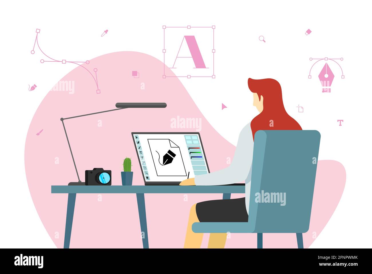 Woman graphic designer freelancer sits working at laptop in workplace. Female freelance creative specialist or advertising agency studio employee develops design layout on monitor screen illustration Stock Vector