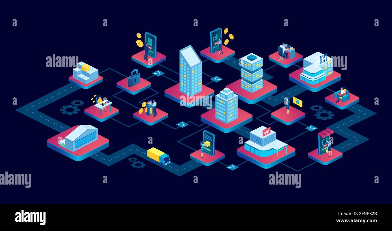 Isometric vector of a modern city with a network of online services health care, banking, retail, transportation and factories Stock Vector