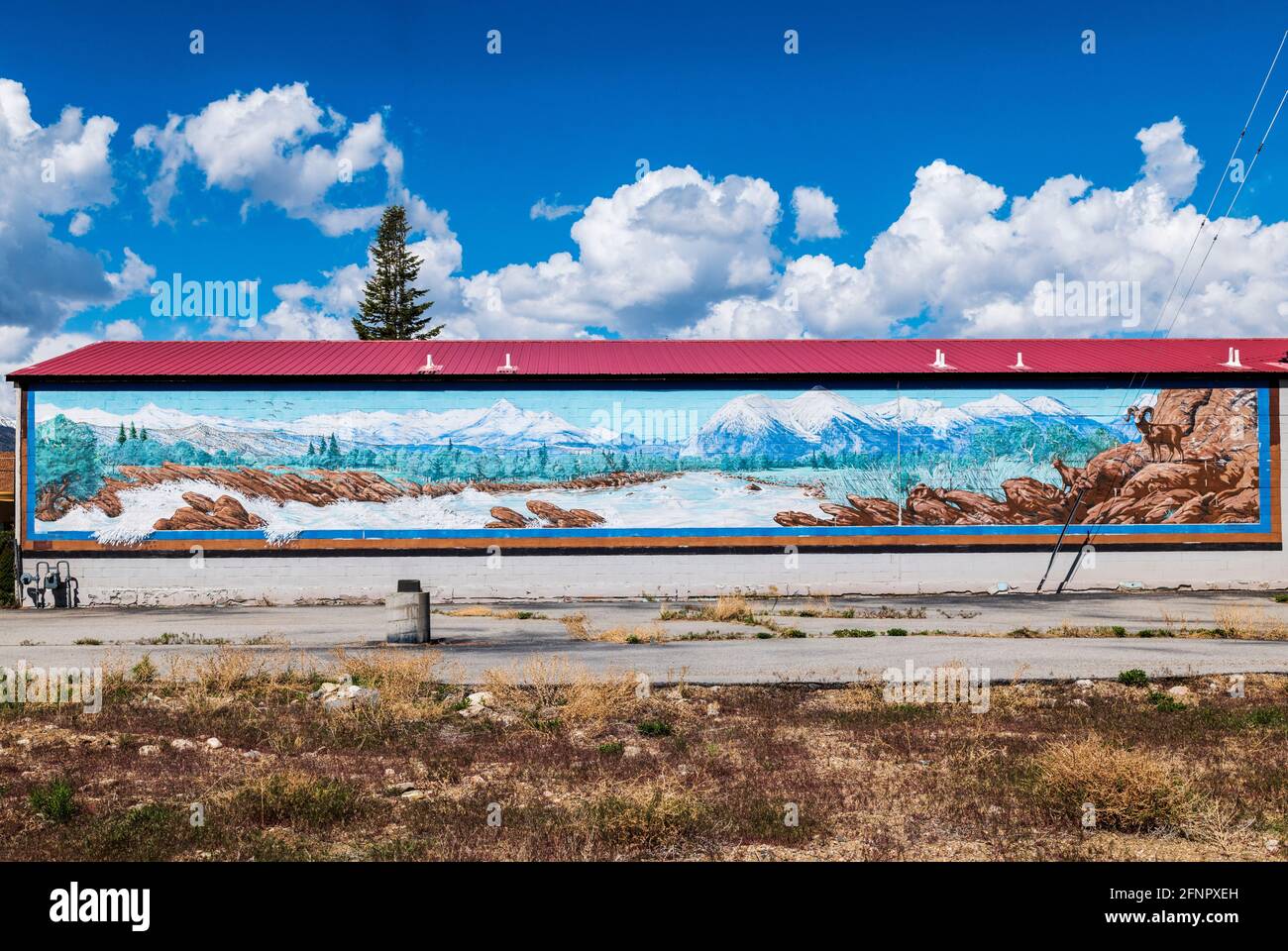 Colorful hand painted mural of the Arkansas River and surrounding Sawatch Range of Rockie Mountains; by artist F. F. Haberlein circa 1986. Restored by Stock Photo