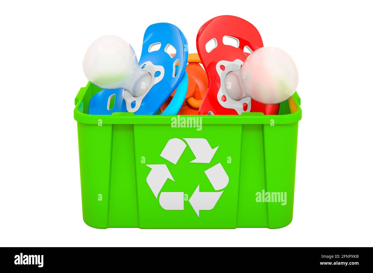 Recycling trashcan with baby pacifiers, 3D rendering isolated on white