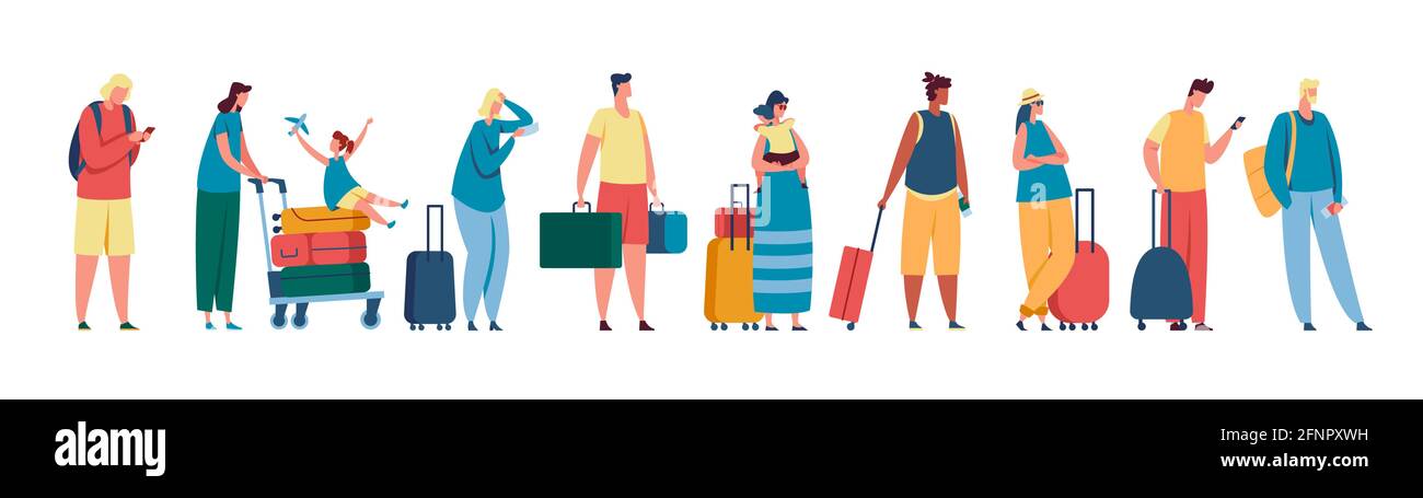 Tourist queue. Men and women standing in line at airport check in terminal, registration desk. Travelers with suitcases, bags Vector illustration. Passengers with baggage or luggage Stock Vector