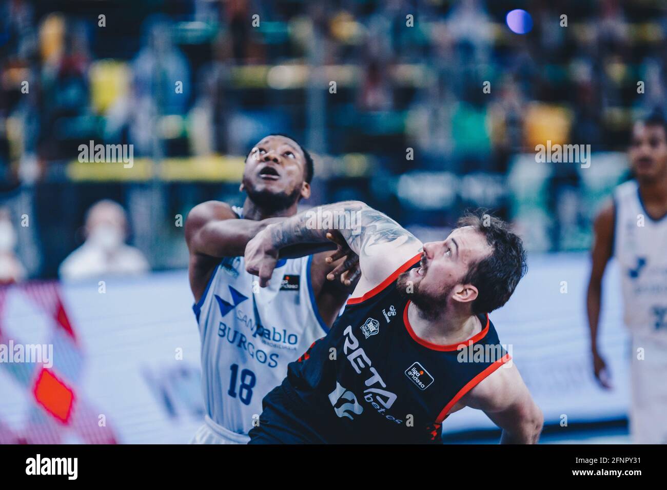 Bilbao, Basque Country, SPAIN. 18th May, 2021. ONDREJ BALVIN (12) from  Bilbao Basket and JORDAN SAKHO (18) from Burgos waiting for the rebound  during the Liga ACB game between Bilbao Basket and